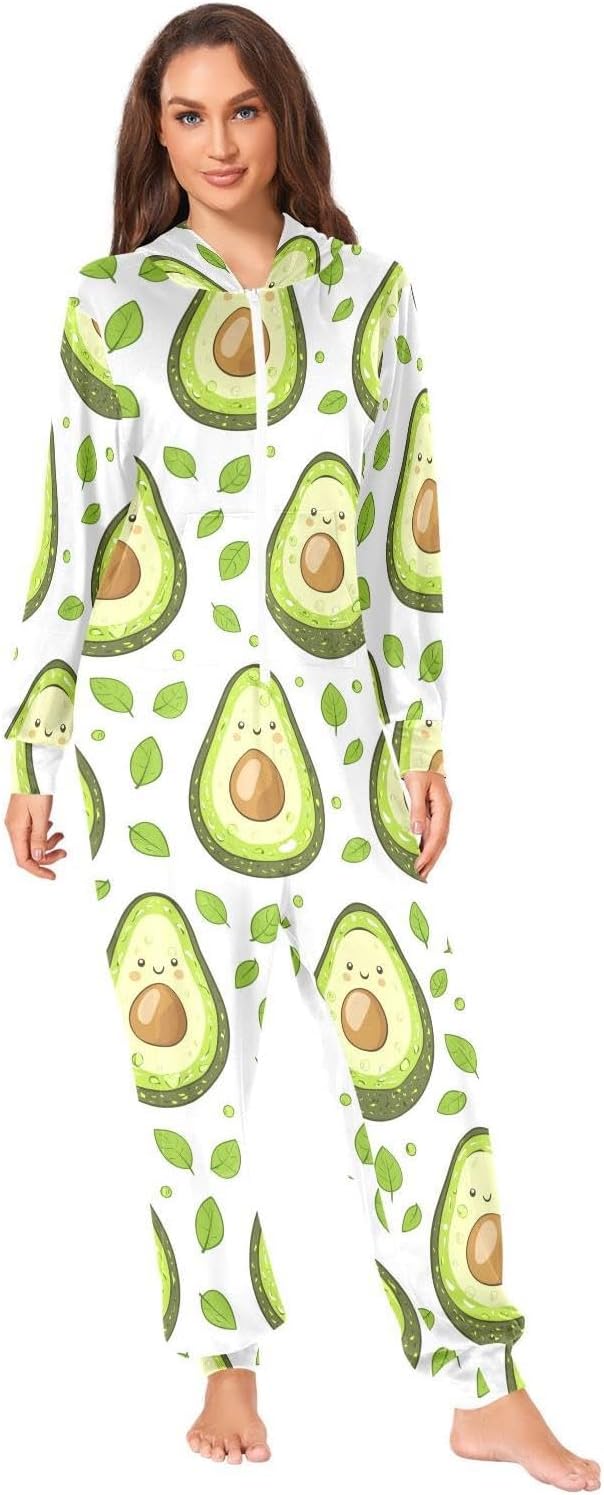 ZZKKO Cartoon Avocado Adult Onesie Pajamas for Women Men Cozy One Piece Pajamas Costume Zip-Up Hooded S-XL