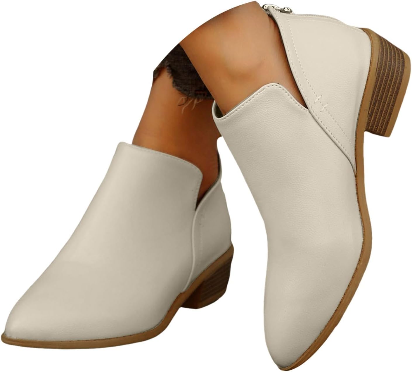 Women's Pointed Toe Leather Stacked Heel Western Ankle Bootie Womens Ankle Boots Fashion Side V Cut Rear Zipper Low Chunky Heel Stylish Casual Short Western Booties Pull On Work Shoes