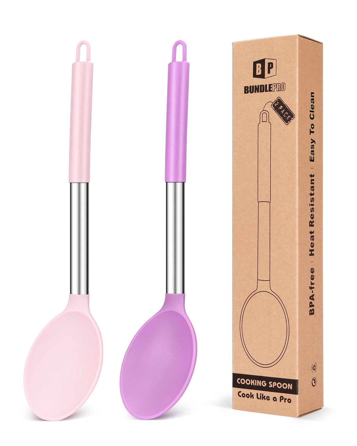 BUNDLEPRO Pack of 2 Large Silicone Cooking Spoon Non Stick Solid Basting Spoons Heat-Resistant Kitchen Utensils for Mixing Serving (Pink-Purple), FB-105
