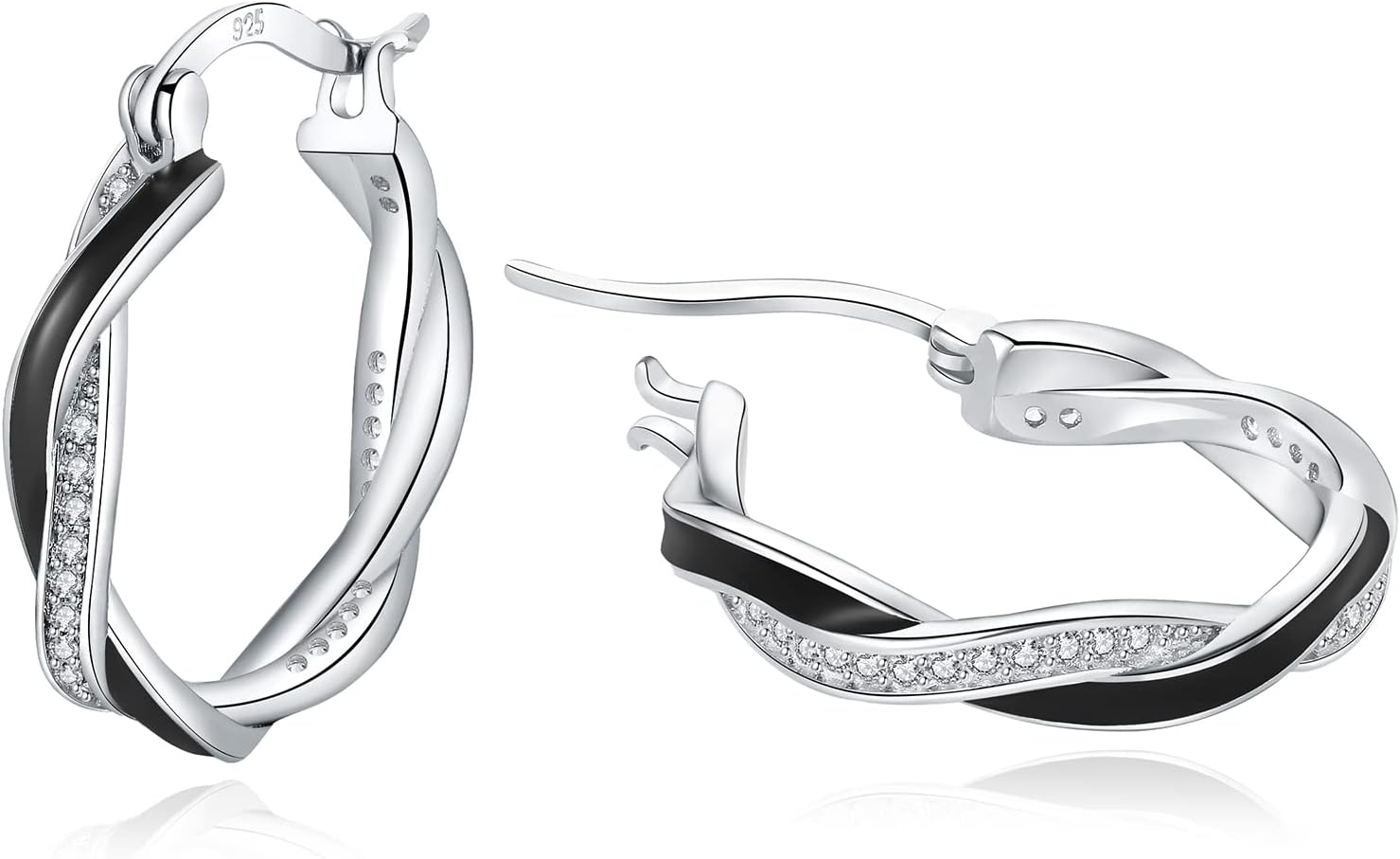 HEEYA Silver Hoop Earrings for Women Girls, Sterling Silver Hoops Sleeper Huggies Earrings, Hypoallergenic Twist Earring Cubic Zirconia Jewellery Gift, Gold/Rose Gold/Blue/Black/Red - 15/20mm