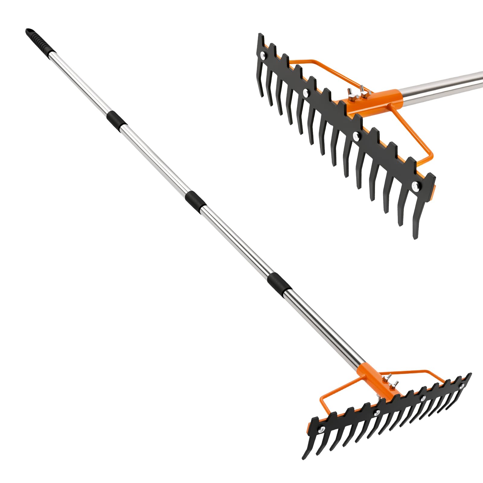 Bow rake heavy duty, 1.6m adjustable handle garden rake, Adjustable handle made of manganese steel, 14 Tines garden rakes for Loosening soil Clearing lawns Leveling lawns farmland yards