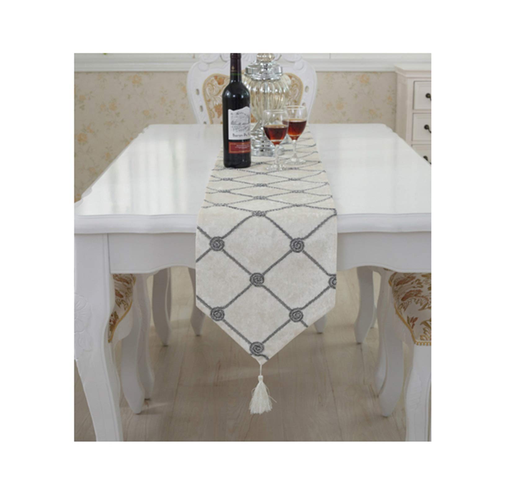 Tavolo Runner Lino Cotone, Runner Natalizio Beige Bianco Moderno Rombo Semplice Floreale Runner Da Tavola Vintage, 28x270CM