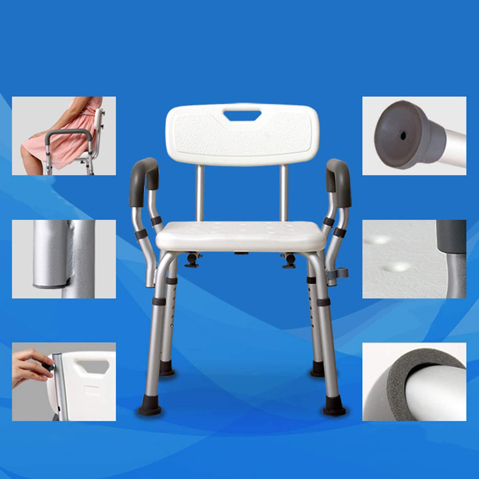 Silla de Ducha, Silla de Ducha para Ancianos, Silla de Ducha Altura Regulable con Respaldo Ayuda para Baño para Ancianos y Discapacitados Antideslizante Altura Regulable