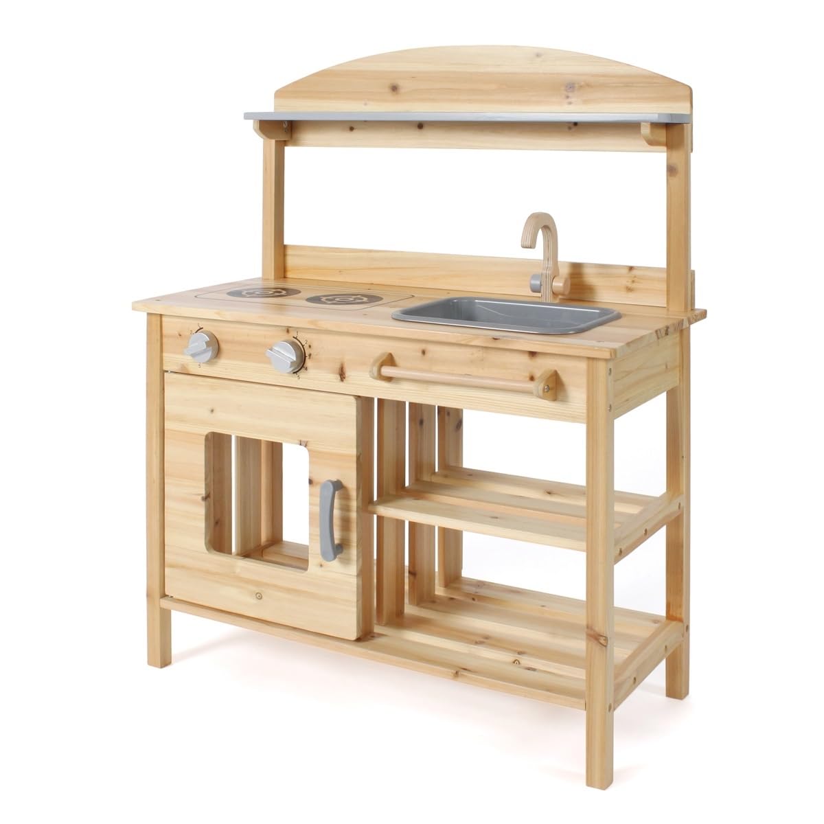 Bayer Chic 2000 Matschküche, unbehandelt, vollmassives Holz, Outdoor-Kinderküche, für Kinder ab 3 Jahren, Naturholz | Robuste Outdoor-Spielküche für Kinder ab 3 Jahren. Mit Kochfeld, herausnehmbarem Spülbecken, Wasserhahn und viel Stauraum