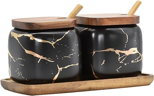 Juego de 2 tarros de cerámica de mármol para condimentos con tapas de madera cuchara de madera y bandeja de madera negro