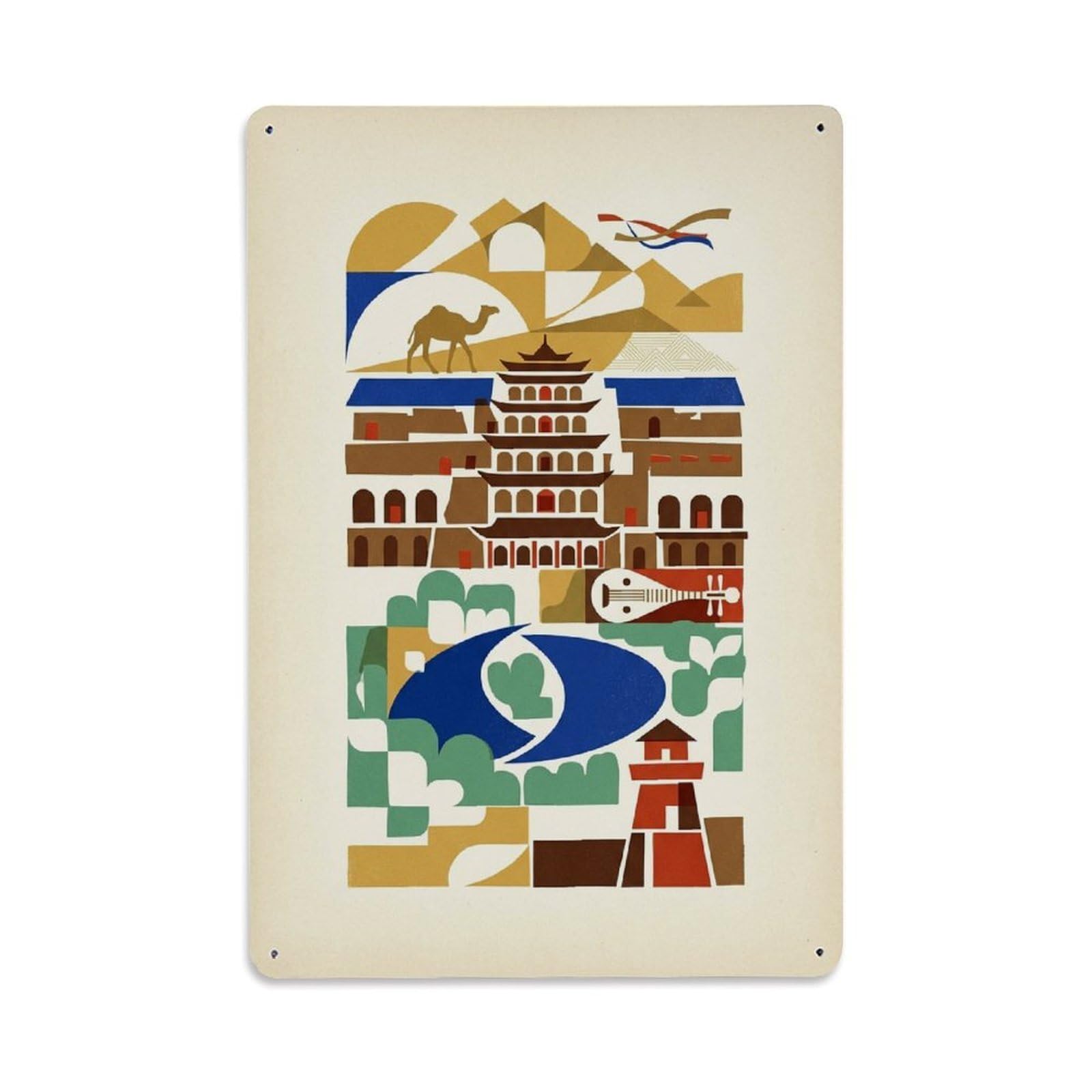 Okngb Style Dunhuang Cityscape Geometric Chinese Landmark Mosaic Metal Tin Sign Plaque Wall Decor For Cafe, Man Cave, Club Bar, Office, Home Garden Round Metal Poster 8X12inch