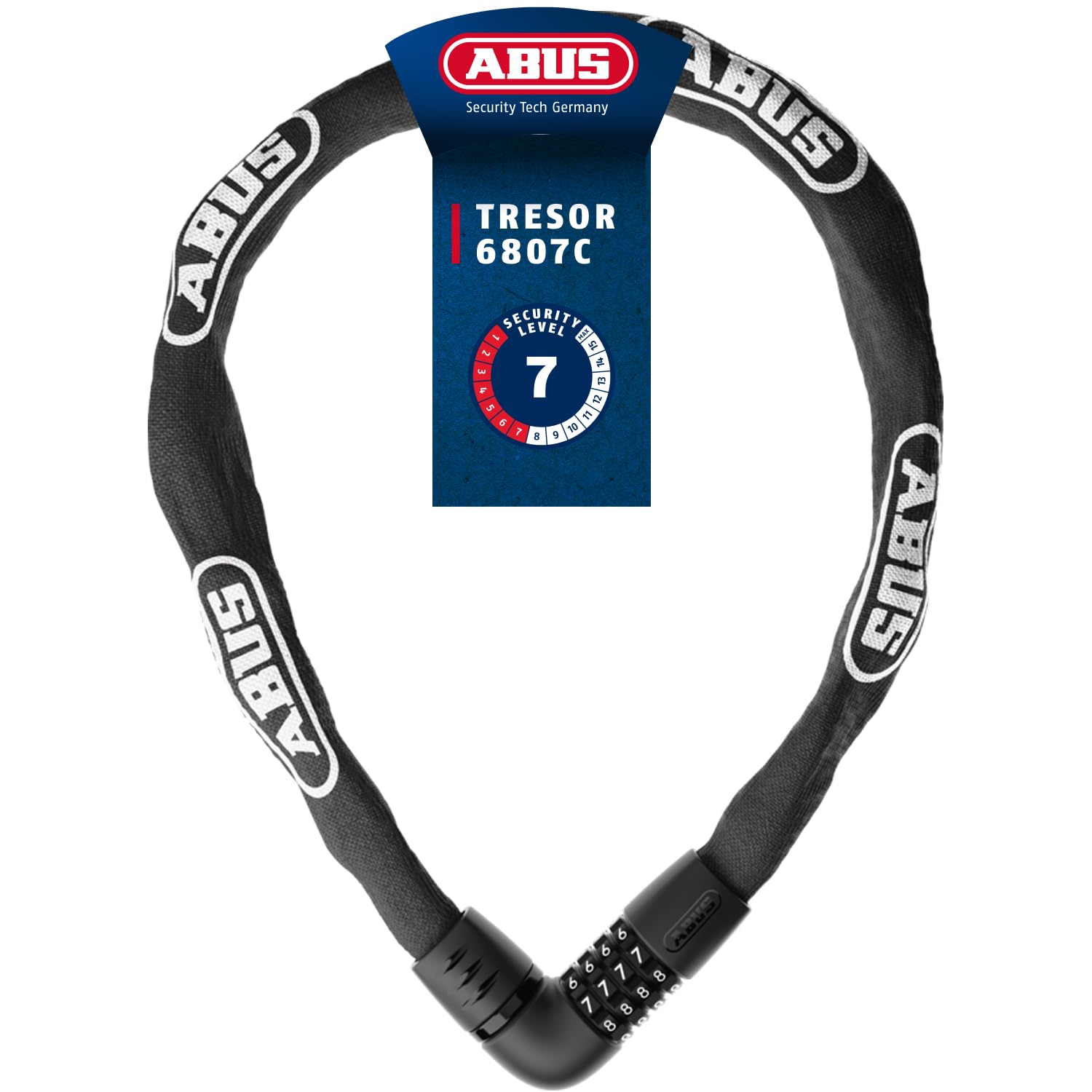 ABUS Kettenschloss Tresor 6807C, długość 85 cm, czarny | Zapięcie rowerowe z 7 mm łańcuchem, 4-cyfrowym kodem, ochroną przed sondowaniem