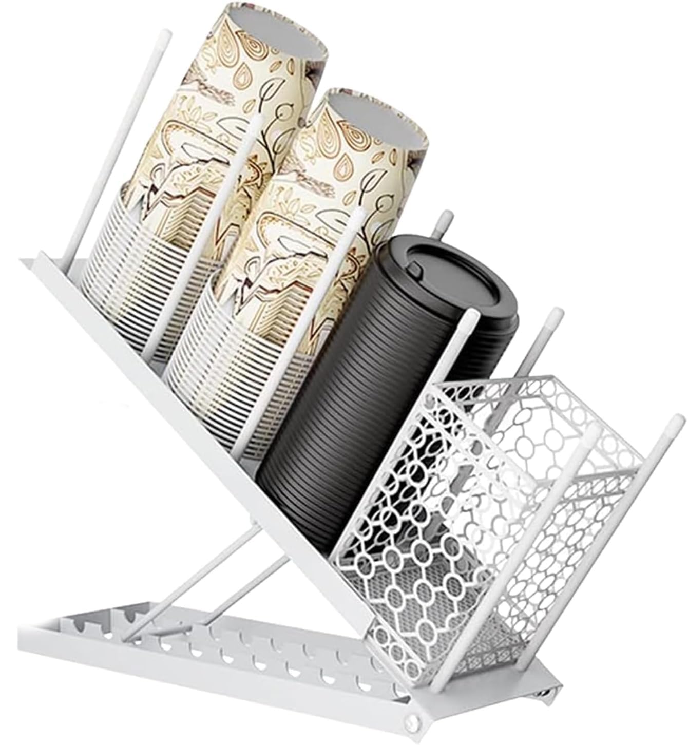Tefola Soporte para tazas y tapa, dispensador de tazas de café desechables, soporte de almacenamiento para estación de café, bar, encimera de sala de descanso de metal (blanco)