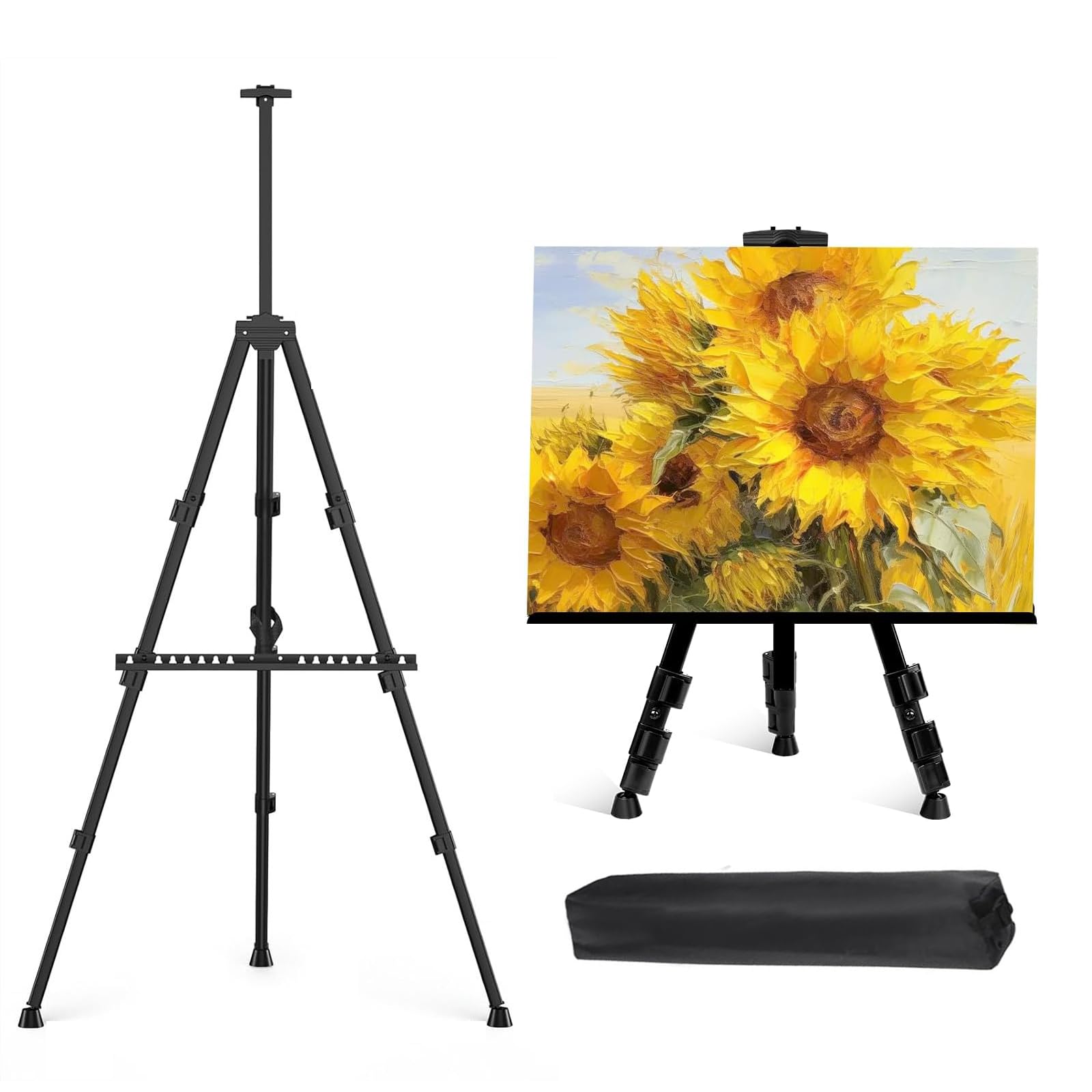 Art Easel for Sign, Black Metal Tripod Stand with Portable Bag, Adjustable Height 16 to 61" for Table-Top/Floor Painting, Drawing, Display, Poster, Canvas