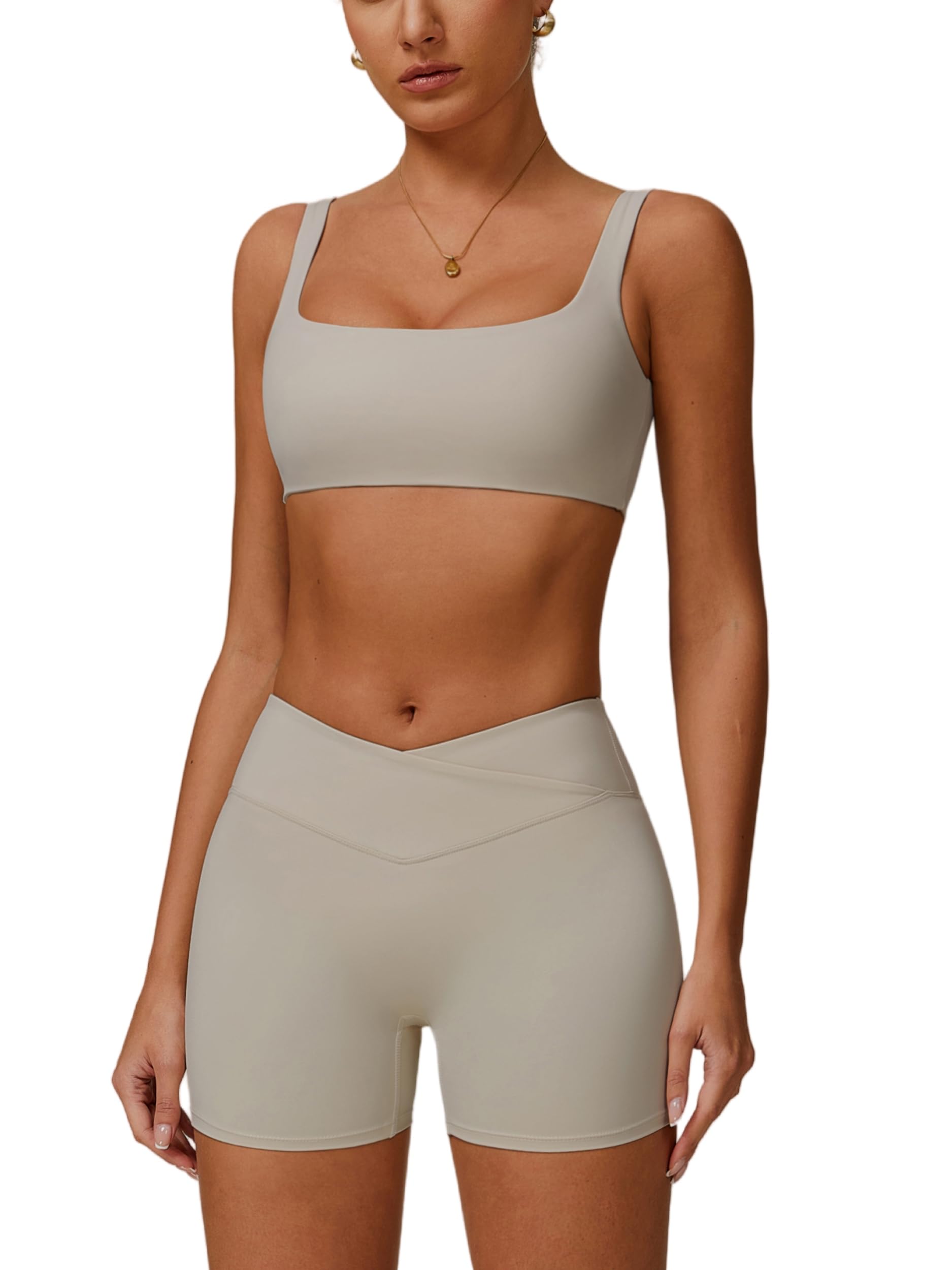 ABOCIW Workout Sets for Women Square Neck Sports Bra Crossover Waist Scrunch Butt Lifting Shorts 2 Piece Gym Set