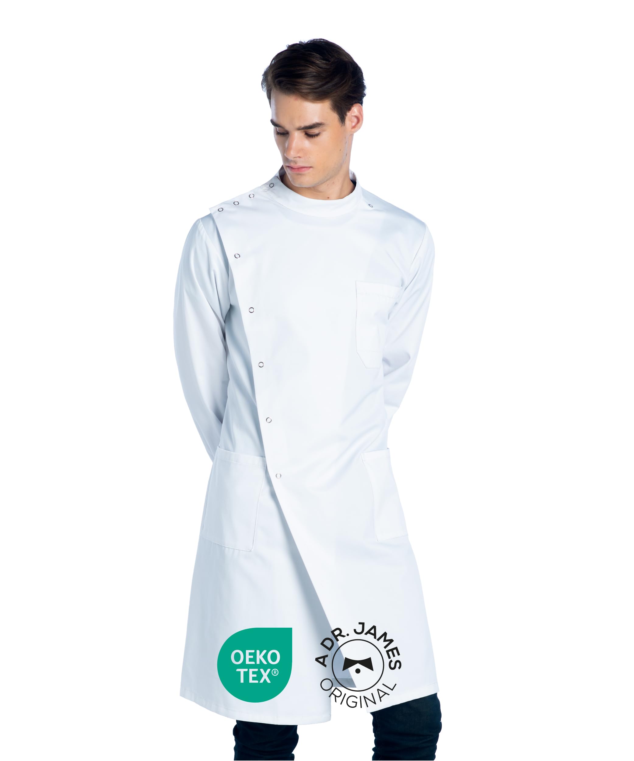 Dr. James Fartuch Laboratoryjny Unisex, Klasyczny Krój, Styl Howie, Biały