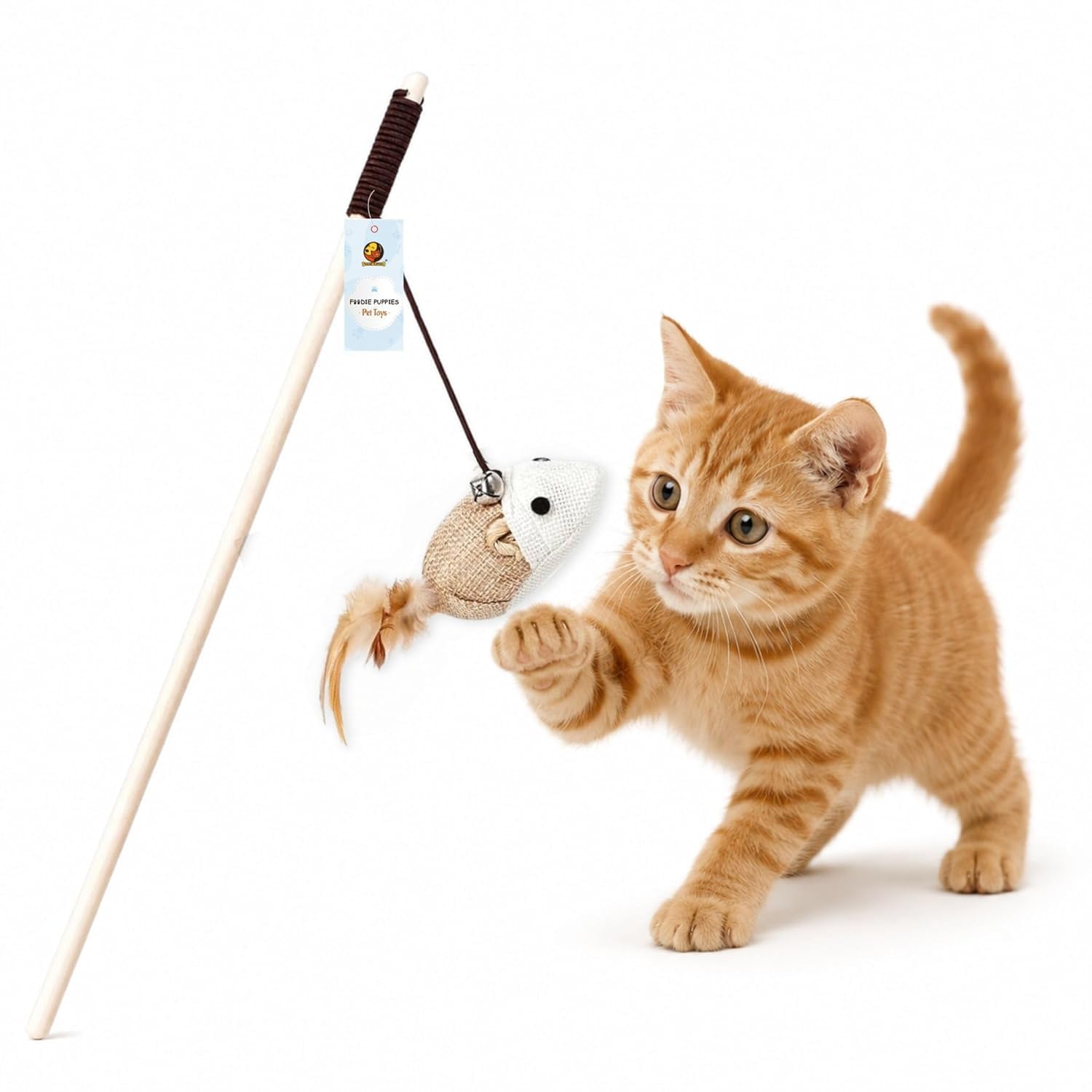foodie puppies cat teaser playing stick wooden cat wand toy for cats and kittens - (mouse-bell - 40cm), interactive feather toy, wood teaser wands, fun catcher cats stick toy, kitty activity teaser