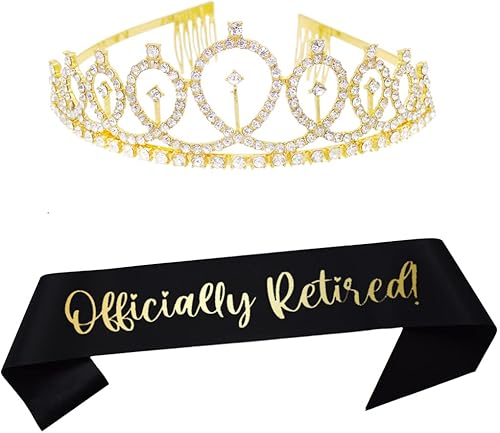 Tiara y banda dorada oficialmente retirada, banda de satén con purpurina negra y corona de cristal, suministros de fiesta de jubilación, regalos
