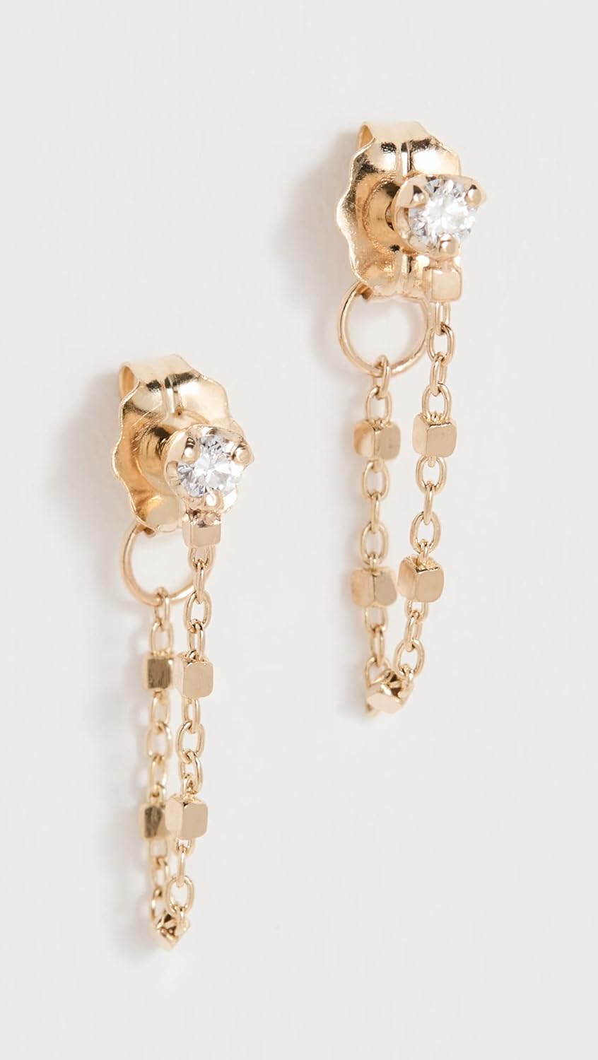 Zoe Chicco Women's 14k Prong Diamond Square Bead Chain Huggie Earrings - Image 2