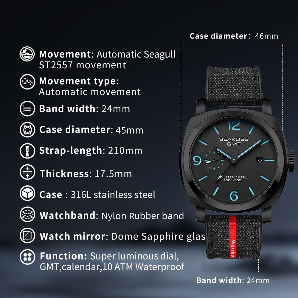 SEAKOSS GMT Watches for Men Automatic 45MM Date 10ATM Waterproof Seagull ST2557 Movement Luminous Stainless Steel Sapphire Glass Mechanical Wristwatches S8441