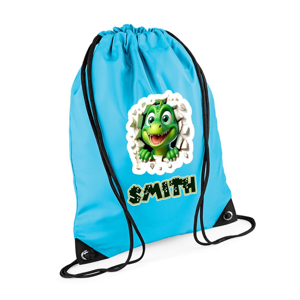 Getagift Personalised Dinosaur Bag With Any Name, Ideal for Boys, Girls, and Children, Back to School Gift, Drawstring Bag, PE Gym Kit Swimming, Sport Rucksack. (Surf Blue)