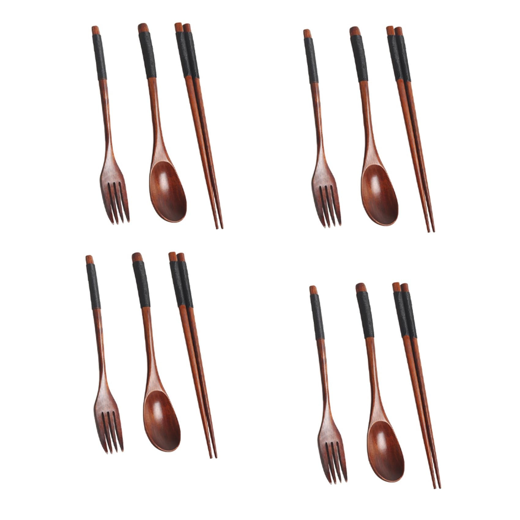 Uikdjgu 4X Wooden Flatware Set, Wooden Portable Set Chopsticks Spoon Fork Tableware Dinnerware with Black Twining Thread