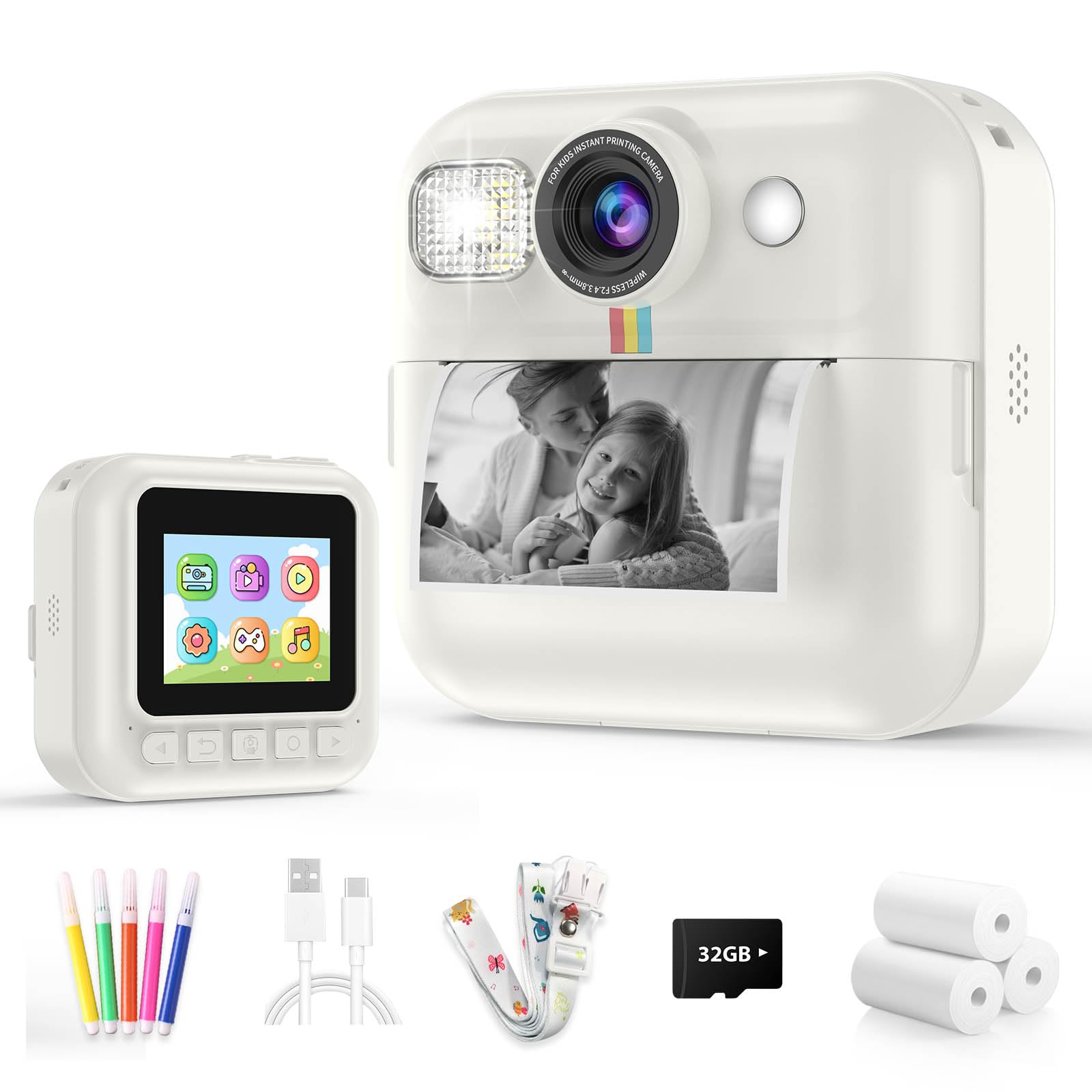 Instant Print Camera for Kids, 3-12 Year Old Girls Boys Gifts, 1080P Video Children Digital Camera with 32GB Card, Kids Christmas Birthday Gifts