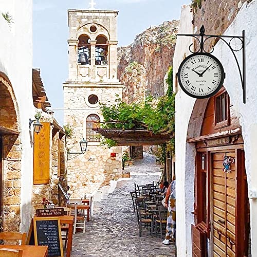 Wrought Iron Antique-Look Brown Round Wall Hanging Double Sided Two Faces Retro Station Clock Round Chandelier Wall Hanging Clock With Scroll Wall Side Mount Home Décor Wall Clock (Black+White) #TOP6