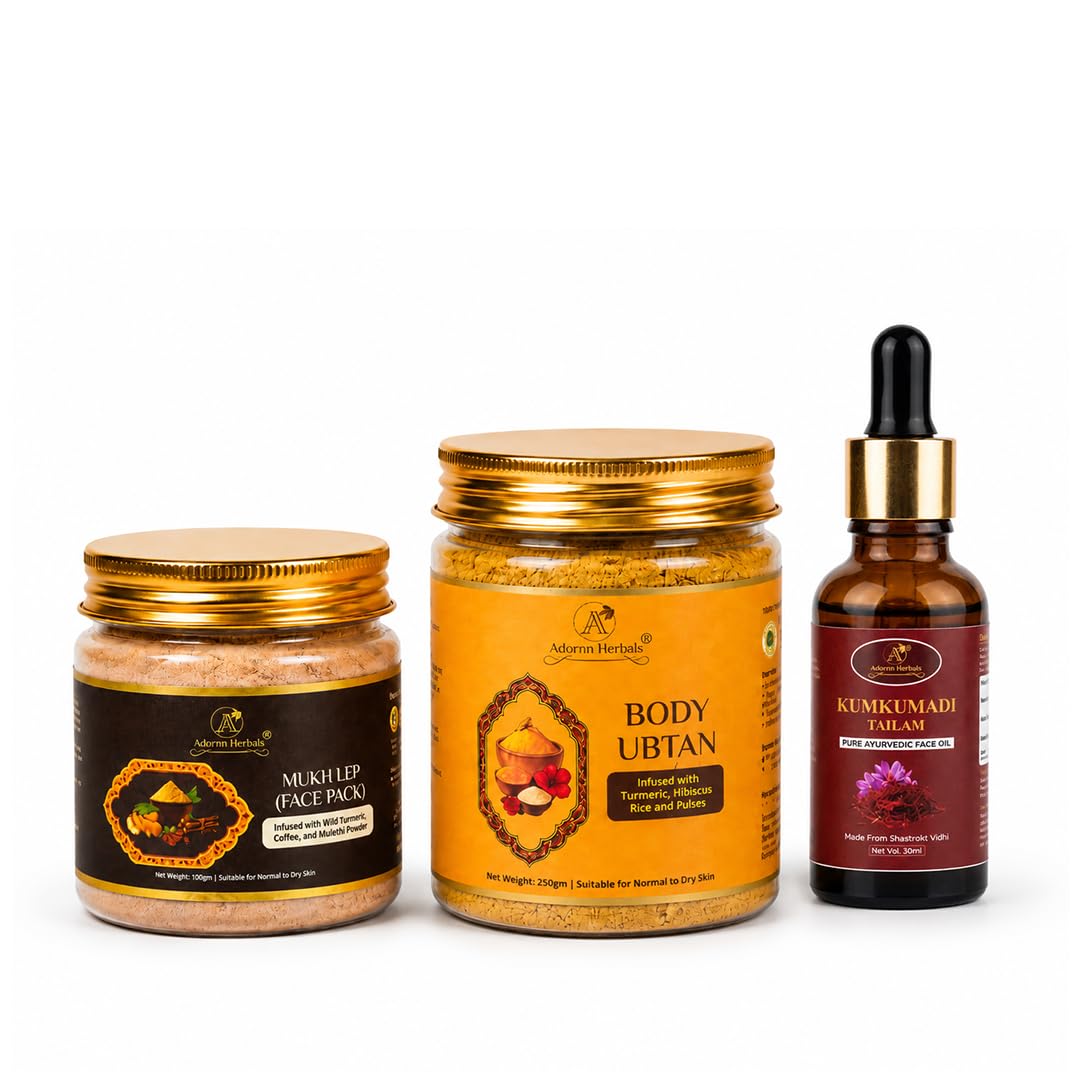 Ayurvedic Skincare Combo Mukh Lep (100g) Body Ubtan (250g) Kumkumadi Oil (30ml) With Turmeric Mulethi Sandalwood & Saffron For Skin Brightening Tan Removal & Glow-picture-38