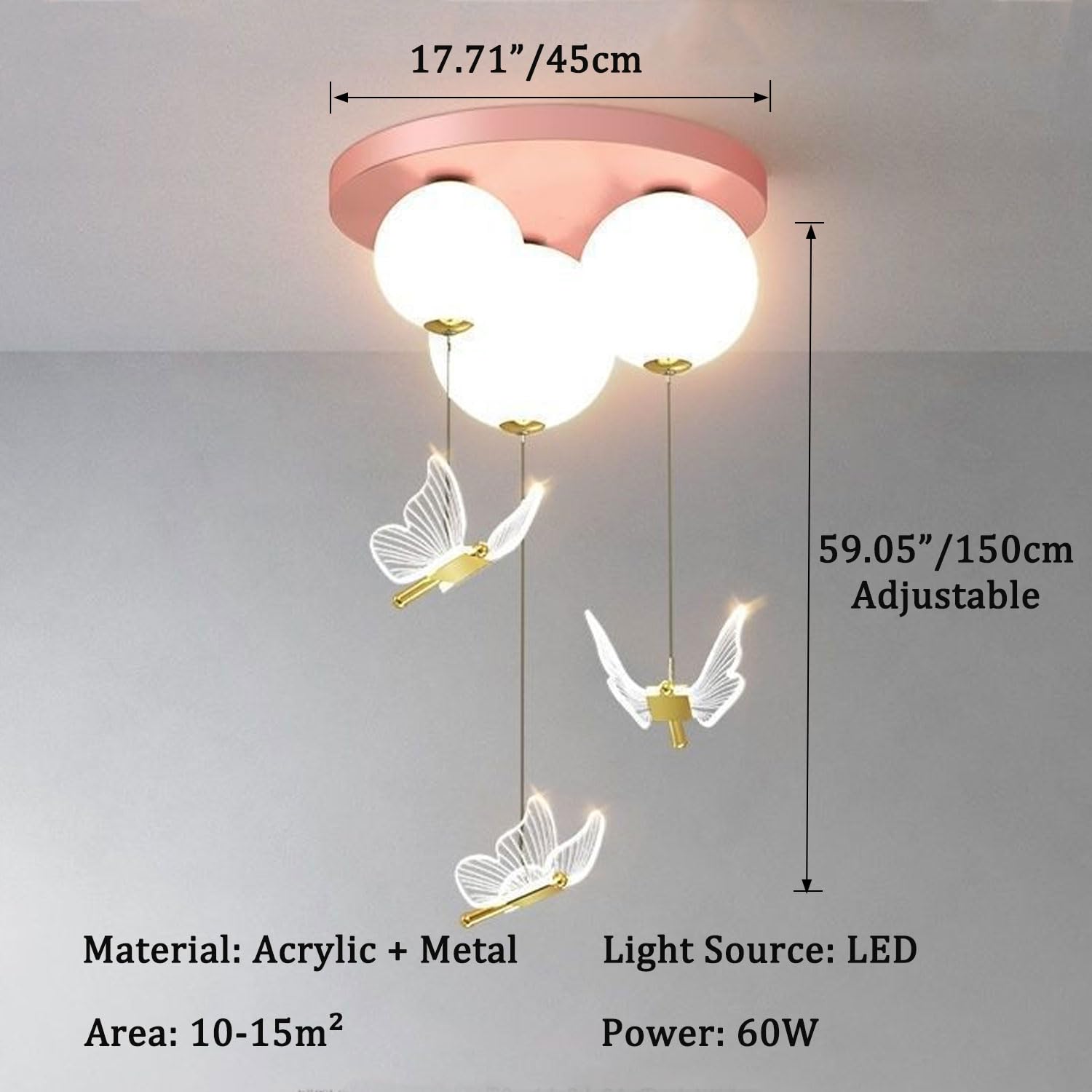 Lampadario a sospensione a LED da soffitto per cameretta dei bambini, moderno, da 45 cm, con luce calda e fredda, per ragazzi e ragazze, a forma di farfalla, altezza regolabile.