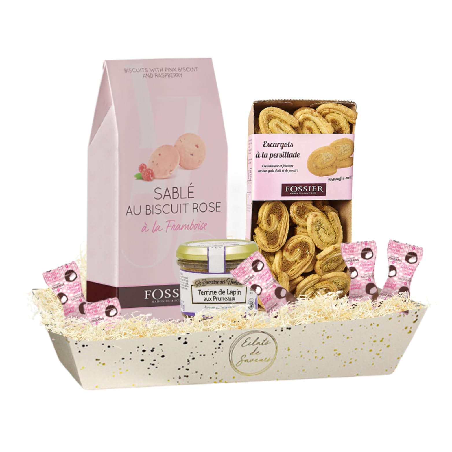 Corbeille FOSSIER-MONBANA : biscuits, guimauves, Terrine et Feuilletés | Terrine, feuilletés salés et biscuits roses de Reims Fossier - cadeau fête des Mères, fête des Pères, anniversaire, femme