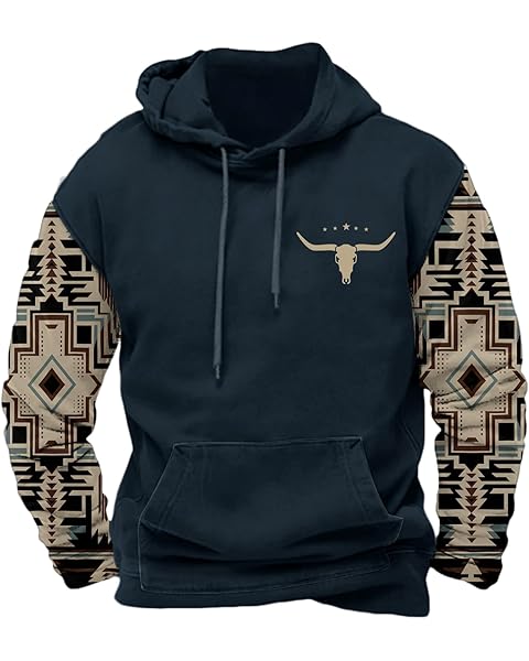 Graphic Hoodies for Men Aztec Western Vintage Long Sleeve Pullover Tops Drawstring ...