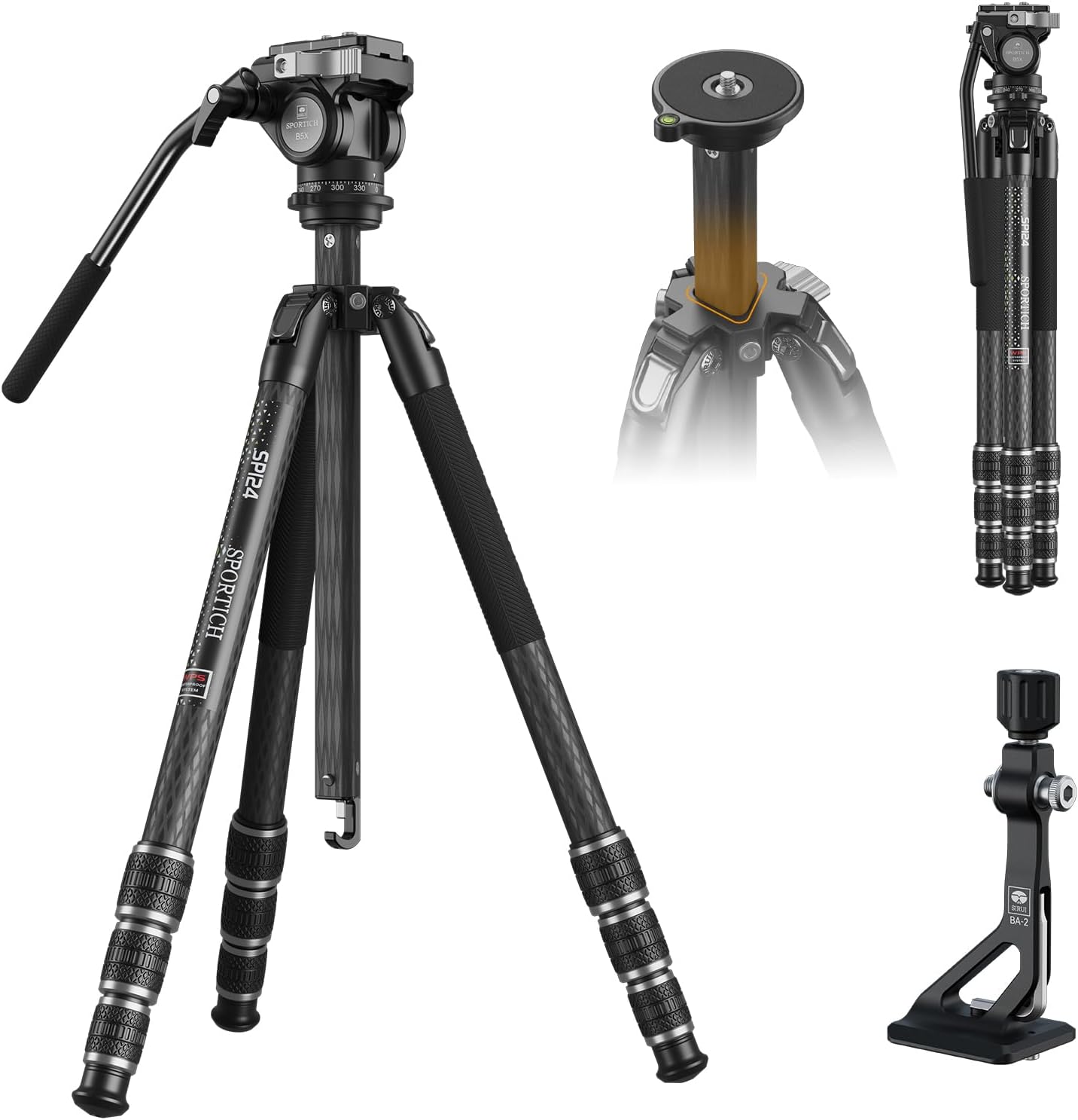 SP124+BX5 Optics Carbon Fiber Tripod with Fluid Pan Head, 62.2" Travel Tripod with Center Column, Binocular Adapter, for Binoculars, Spotting Scopes, Cameras, Max Load 26lbs