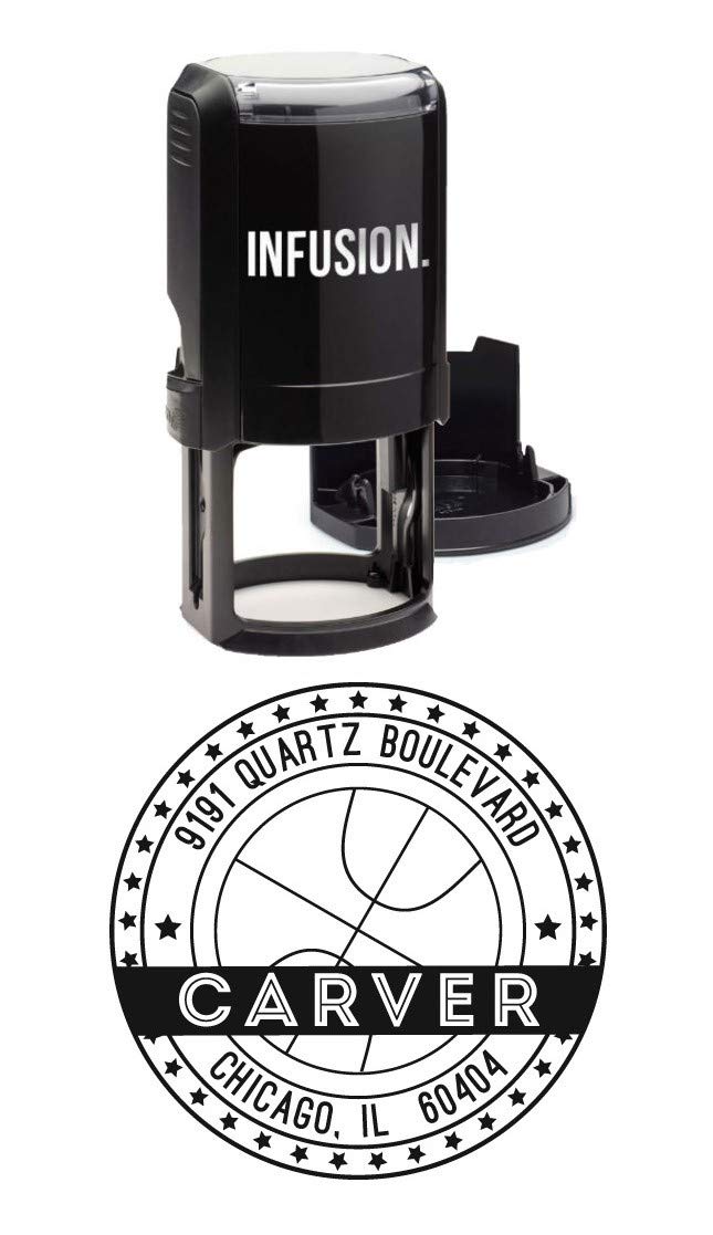 Infusion Personalized Basketball Sports Return Address Stamp - 1-5/8" Round Self-Inking Rubber Stamp