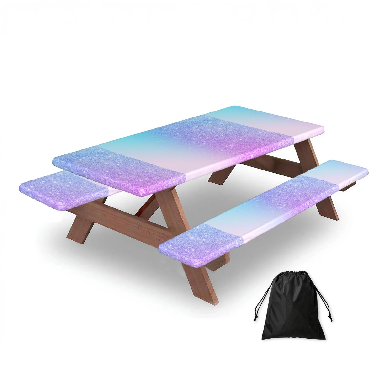 Dopklna As Picture Purple Pink Glitter Ombre Blue Gradient, Picnic Table Cover With Bench Covers -Waterproof Elastic Fitted Tablecloth For Garden Camping Patio 76X152cm