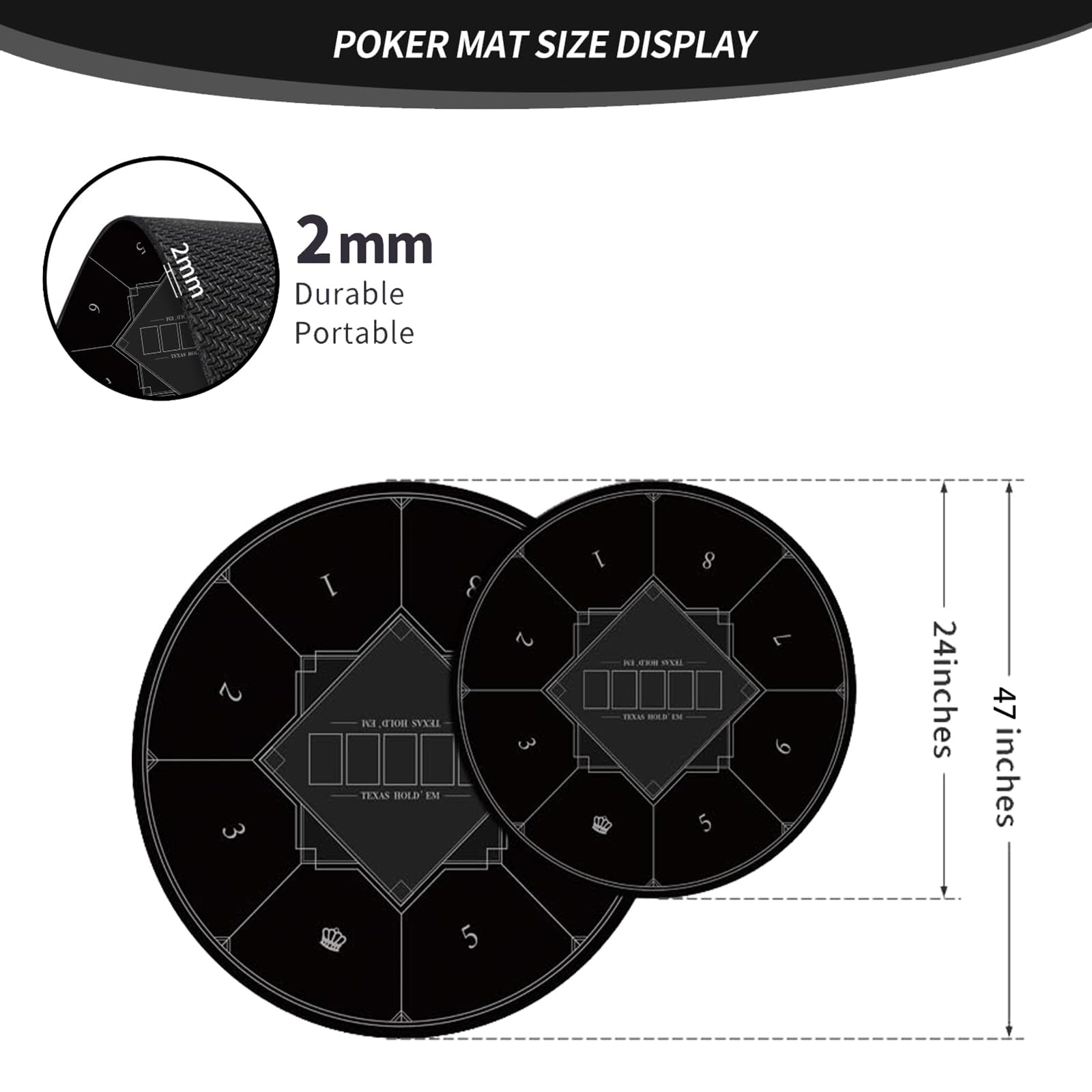 mata do gry w karty, Przenośna okrągła mata do pokera Texas Holdem, składany blat dla 8 graczy z matą nadrukiem w stylu Art Deco(Black,L)