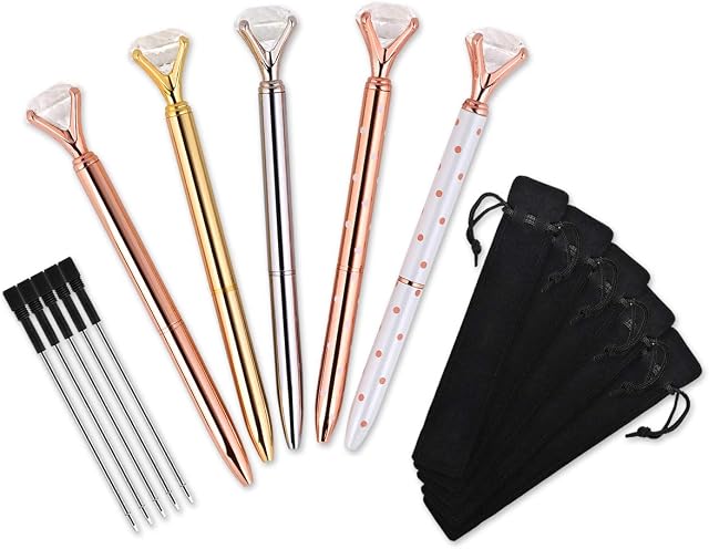 SCSpecial Diamond Shape Ballpoint Pen Set of 5 Bling Metal Ballpoint Pen with 5pcs Refills Black Ink Crystal Shape Pens for School Office
