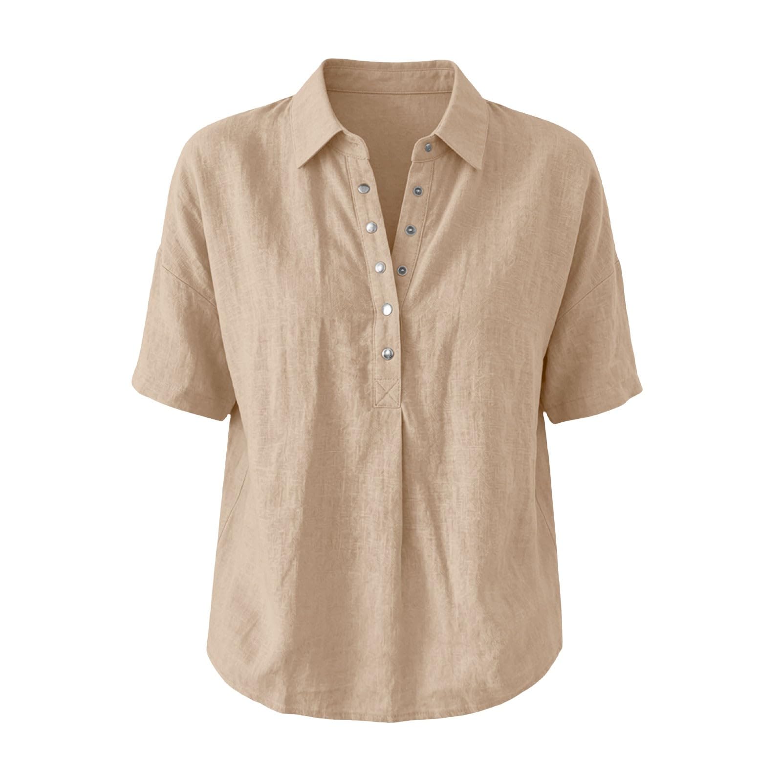 Chemise Femme Manche Courte Coton Lin - Blouse Femme Chic Et éLéGante Col en V Chemisier BoutonnéE avec Poche LâChe Grande Haut LéGer Et DéContracté Travail Couleur Unie