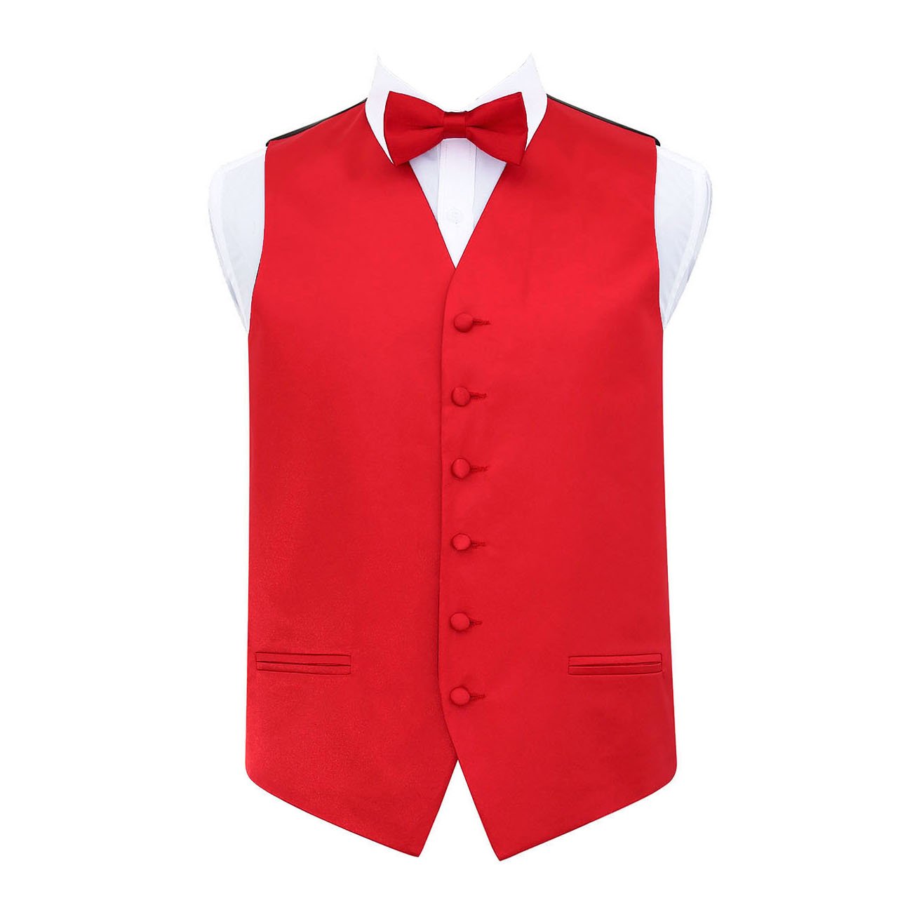 Dqt Men's Red Plain Satin Waistcoat & Pre-Tied Bow Tie Set (2Pc) - Wedding, Business & Formal - 46" (3Xl)