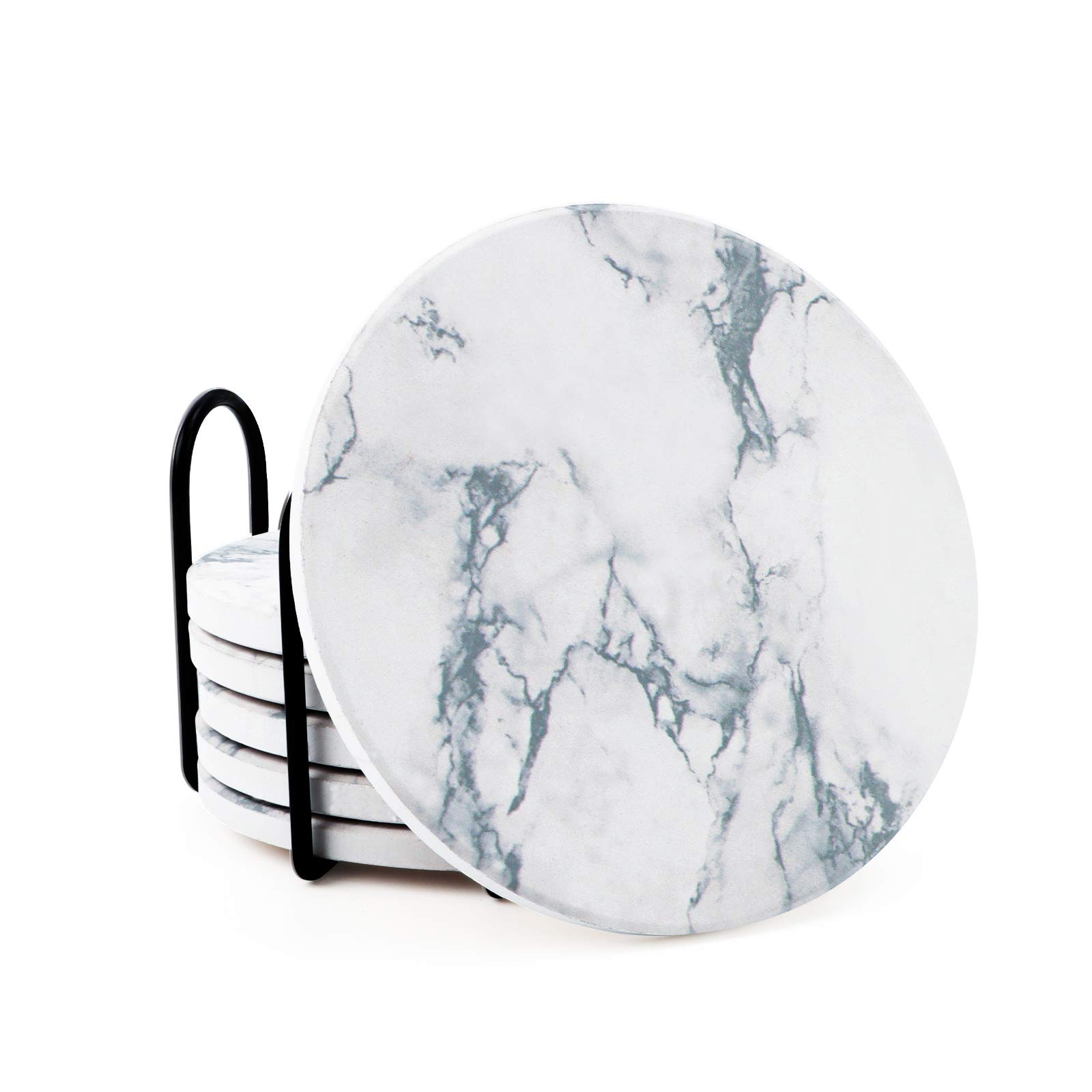 Coasters for Drinks, Absorbent Marble Coasters with Holder, White Ceramic Coasters Set with Cork Base, Modern Stone Coasters for Wooden Table, Suitable for Housewarming Presents, Home Decor, Set of 6