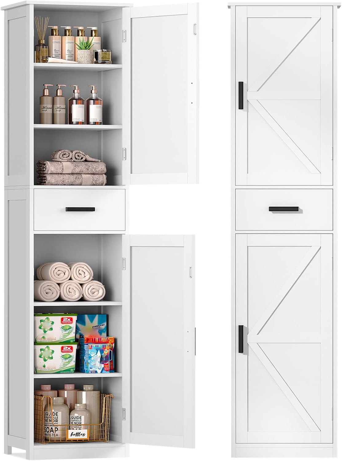 FIONESO 67.1 inch tall white storage cabinet with doors closed and open, showing interior shelves and a drawer