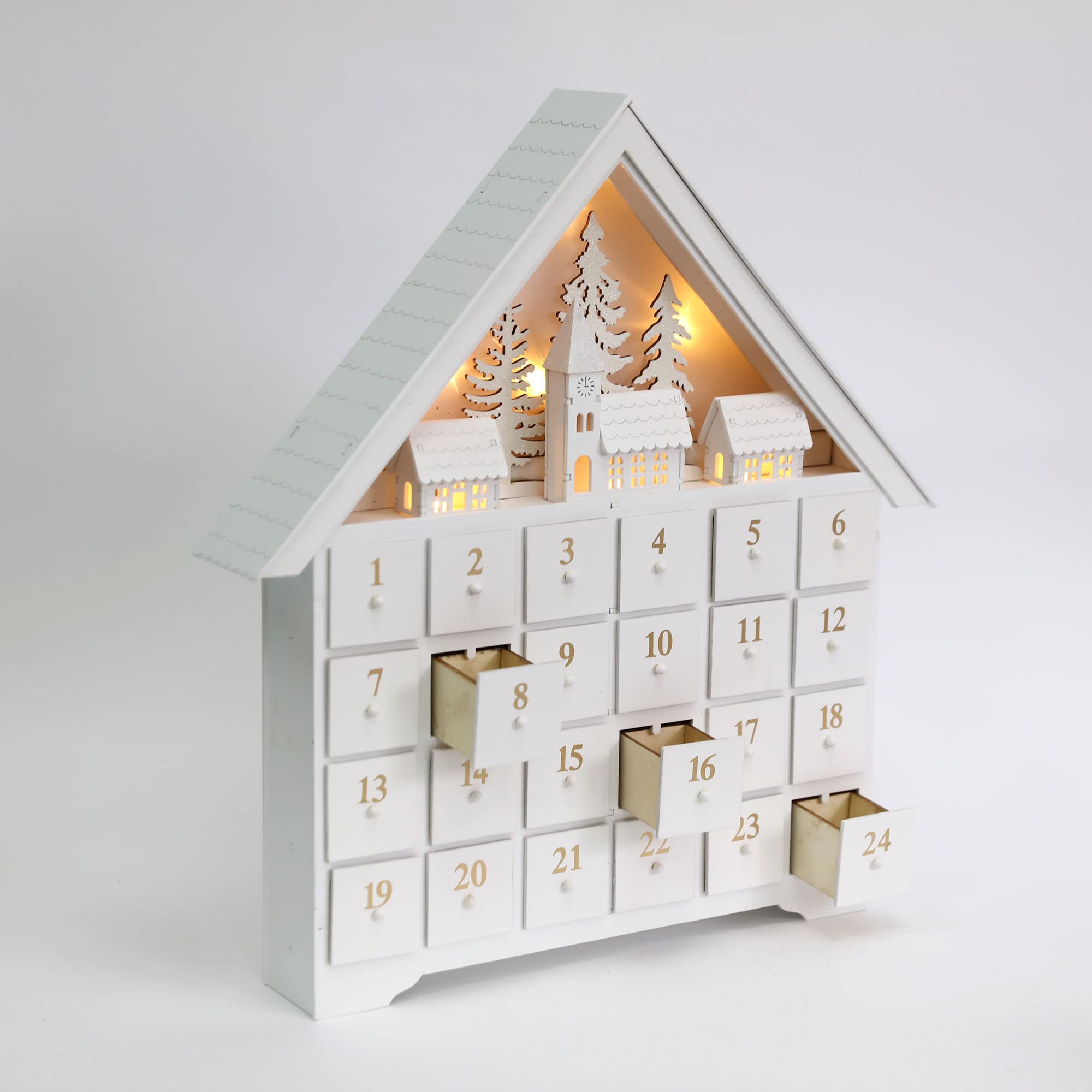 Adventskalender aus Holz, 45,7 cm, mit 24 Schubladen und LED-Lichtern, Countdown bis Weihnachtsdekoration