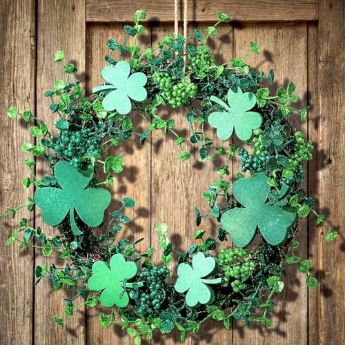 Hotop 18 Inch St Patrick's Day Front Door Shamrock Wreath Lucky Artificial Shamrock St Patrick's Day Wreath Decorative for Home Front Door Porch Wall Garden Decor Party Decoration Supplies