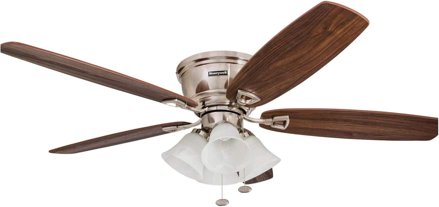 Honeywell Ceiling Fans Glen Alden, 52 Inch Classic Flush Mount Indoor LED Ceiling Fan with Light, Pull Chain, Quick-2-Hang Dual Finish Blades, Reversible Motor - 50182 (Brushed Nickel)