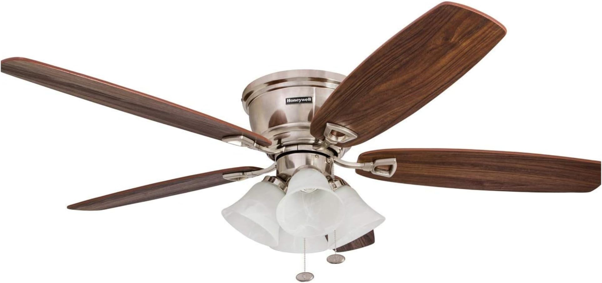 Honeywell Ceiling Fans Glen Alden, 52 Inch Classic Flush Mount Indoor LED Ceiling Fan with Light, Pull Chain, Quick-2-Hang Dual Finish Blades, Reversible Motor - 50182 (Brushed Nickel)