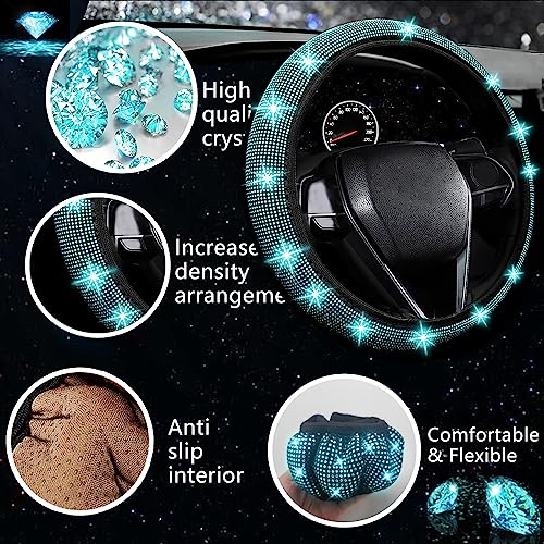 Image of NBTEPEM 27 PCs Aquamrine Bling Car Accessories Set for Women, Steering Wheel Covers Universal Fit 15 Inch, Bling License Plate Frame, Bling Phone Holder, Bling Car Coasters (Aquamrine Diamond)