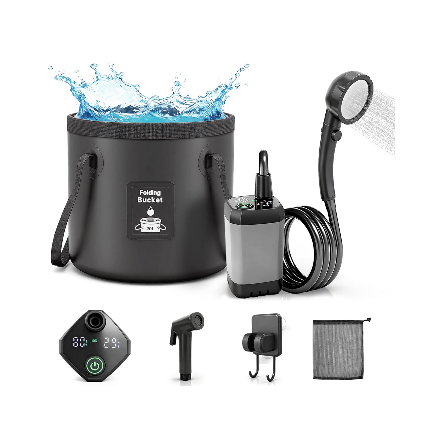 FOTSHARER Portable Shower Camping Water with Shower Head 3 Spray Modes, Shower Pump with LED Display Foldable Bucket Outdoor Showering for Hiking RV Car Travel Pet