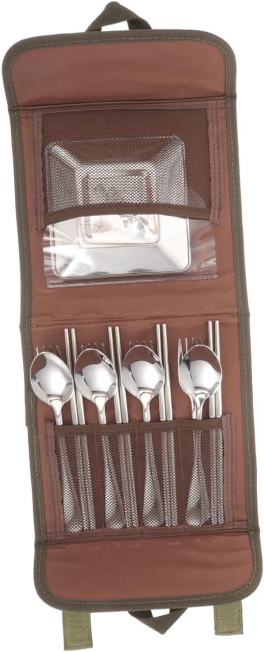 Outdoor Stainless Steel Flatware Set for 4 People, Portable Camping Cutlery with Spoon, Chopsticks, Fork, and Plate, Barbecue Picnic Tableware with Carry Bag, Sturdy Outdoor