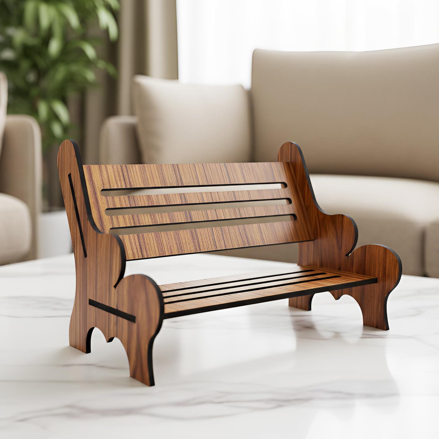 Ritwika's Handcrafted Wooden Mini Bench Showpiece for Bedroom, Office Desk & Home Decoration, Solid MDF Material | Gift to Your Loved Ones, Size - 23 x 13 x 15 Cm, Set of 1 (Natural Wood Brown)-image-20