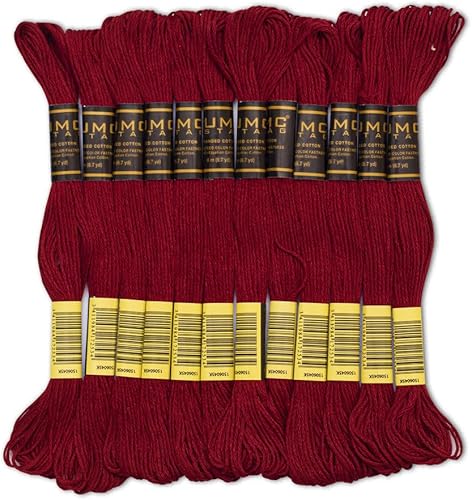 UMC STAG Paquete de 12 hilos de bordar rojos de alta calidad, madejas 100% algodón egipcio de alta calidad, hilo de bordado de punto de cruz,