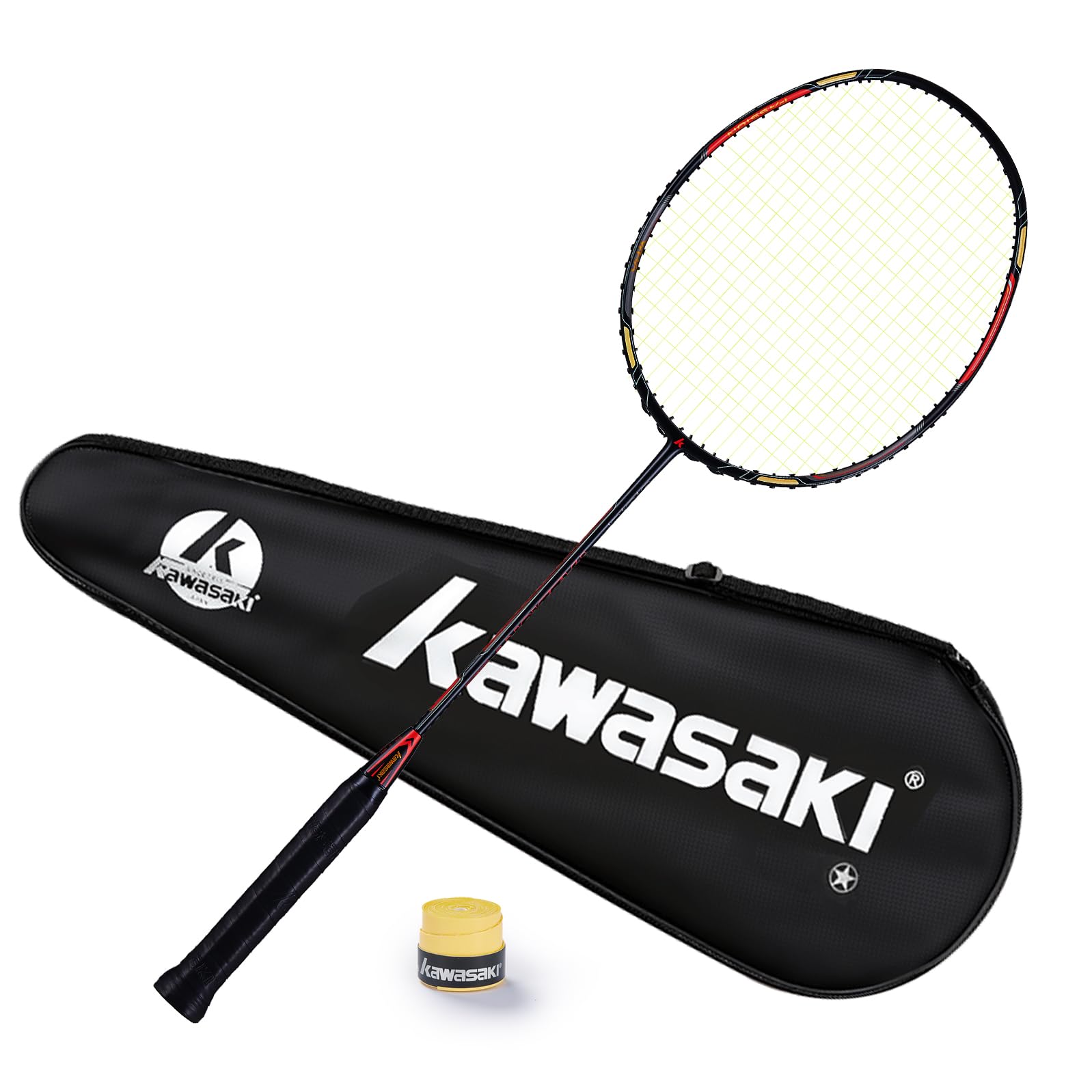 Kawasaki Badminton Racket Professional Graphite Badminton Set Lightweight High Tension Racquet for Attack & Defense-Passion P22 Get Strung with Carrying Bag & Hand Grip (Black Red)