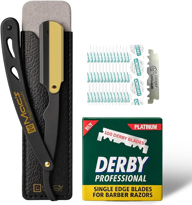 Navalha Shavette Macs Professional em Aço Inoxidável Preta e Dourada com Lâminas Derby e Bolsa – Pacote com 100