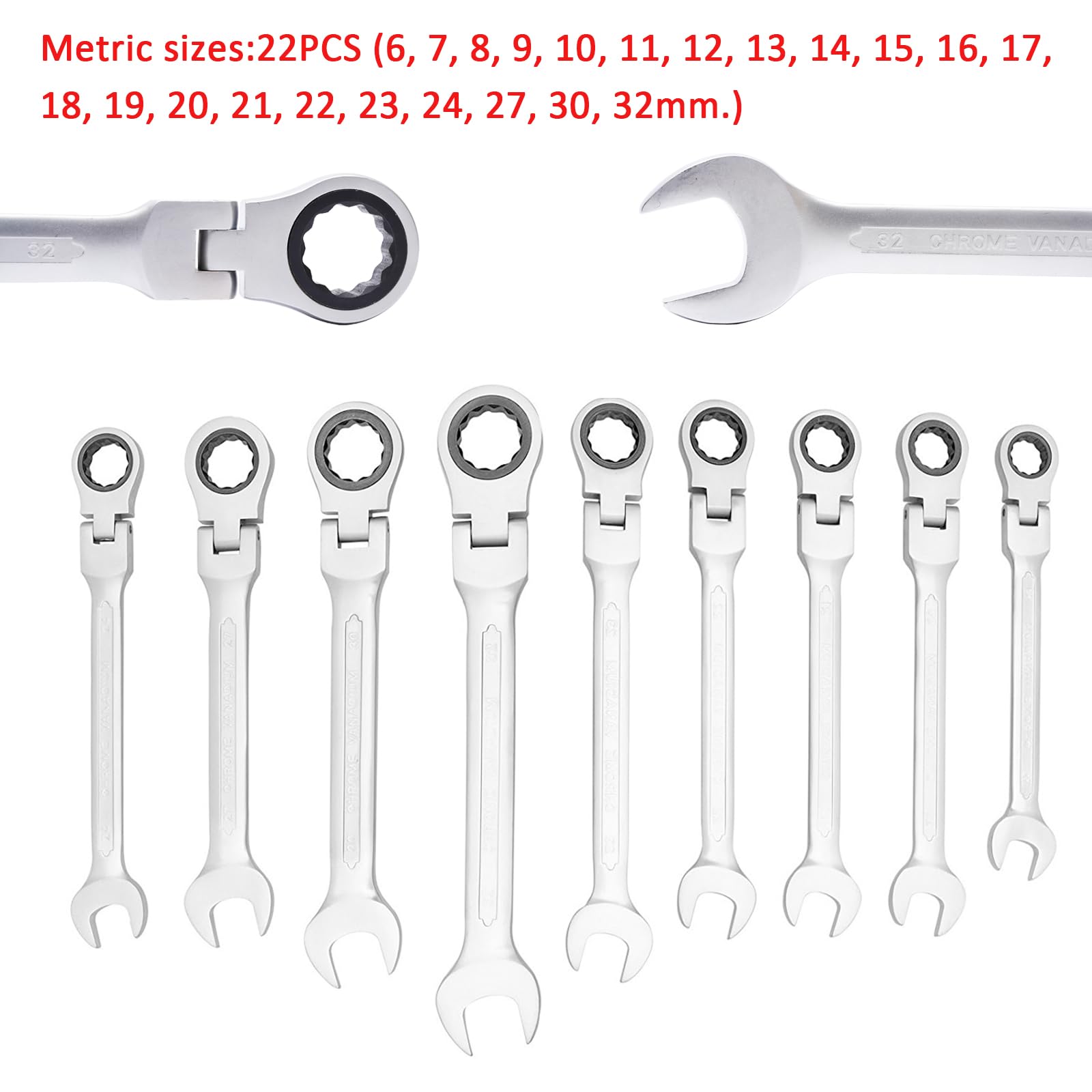 22-częściowy zestaw kluczy płasko-oczkowych z grzechotką, 6-32 mm