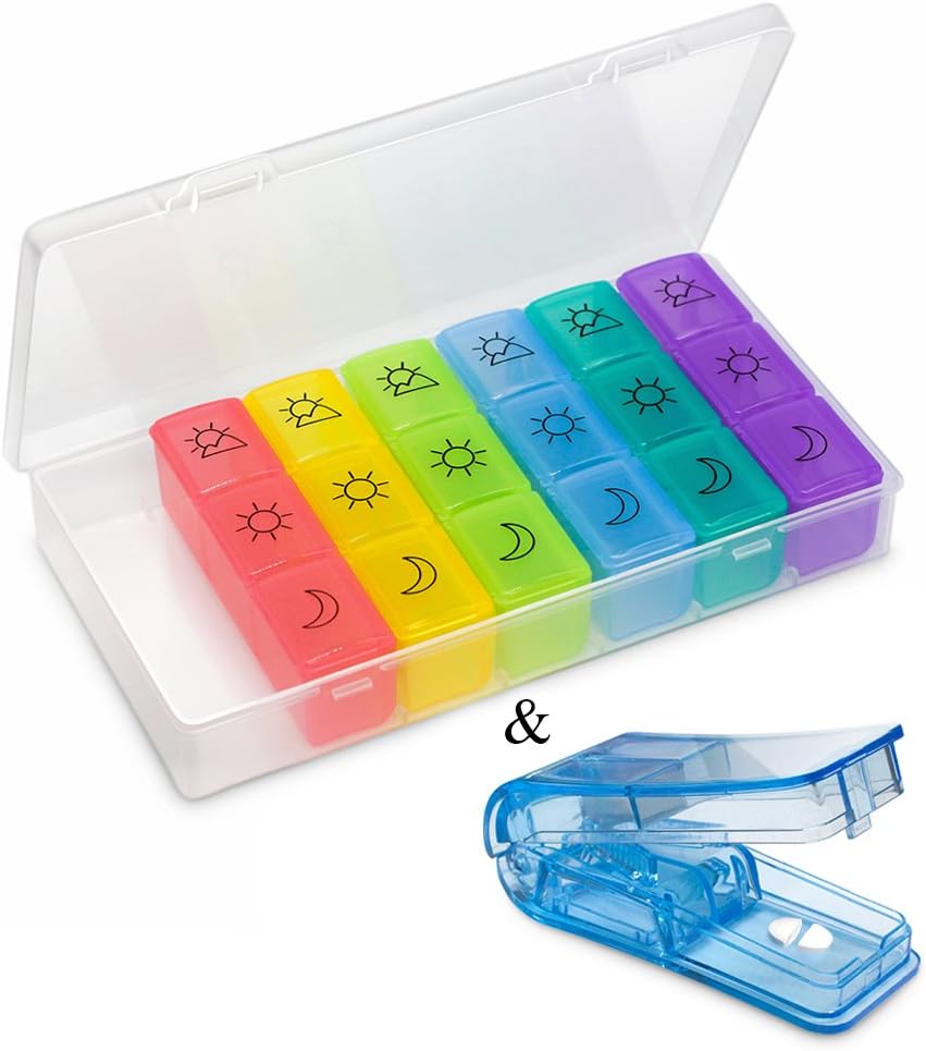 Daily Pill Organizer(3-Times-A-Day), Pill Splitter and Pill Box, PortableTravel Prescription & Medication Pill Case, Vitamin Fish Oil Compartments Container
