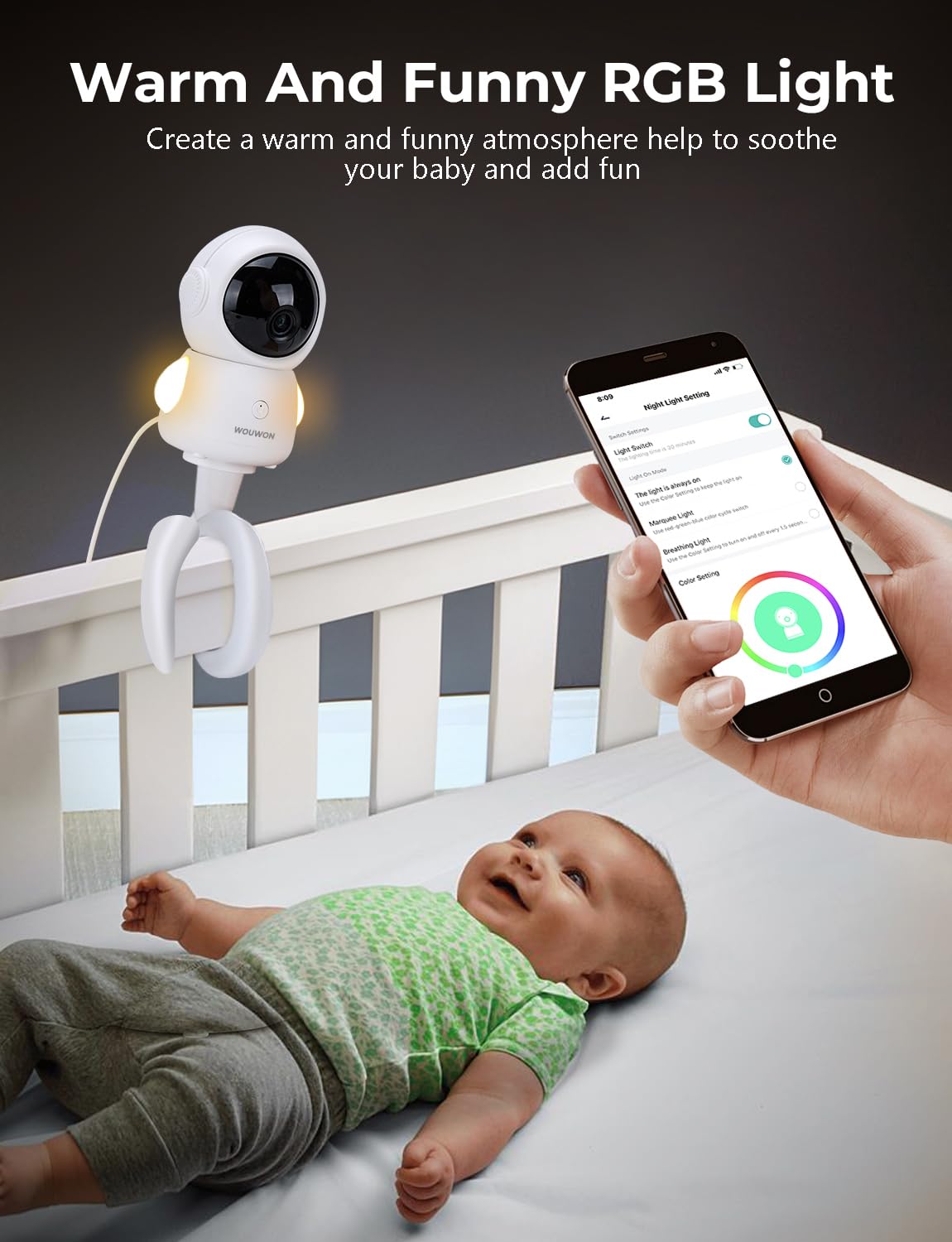 Cámara de bebé con soporte, detección de llanto, 2 K real cámara de bebé, monitor de bebé, conexión WiFi y control de aplicaciones, temperatura y humedad, cunas, luz RGB